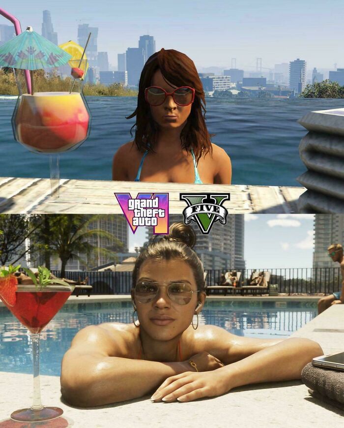 Comparison of pool scenes showing characters in Grand Theft Auto V video game in two different graphic styles.