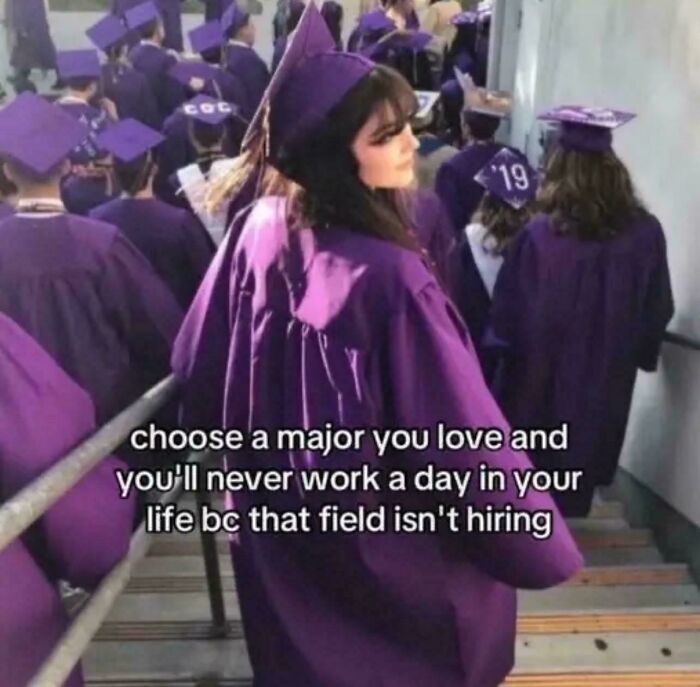 Graduate in purple cap and gown with caption about job requirements and hiring challenges in preferred fields.