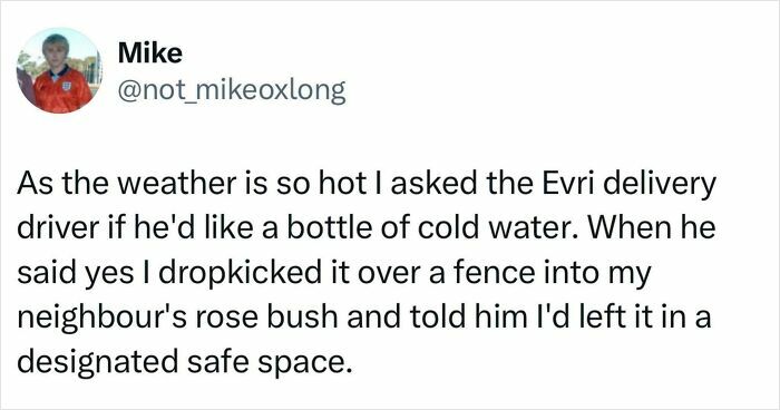 British meme text about a humorous Evri delivery driver interaction during hot weather in chaotic British memes style.