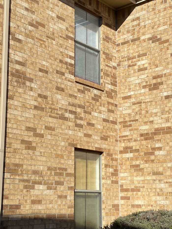Close-up of a brick wall with two windows, showcasing detailed brickwork in a residential building comparison.