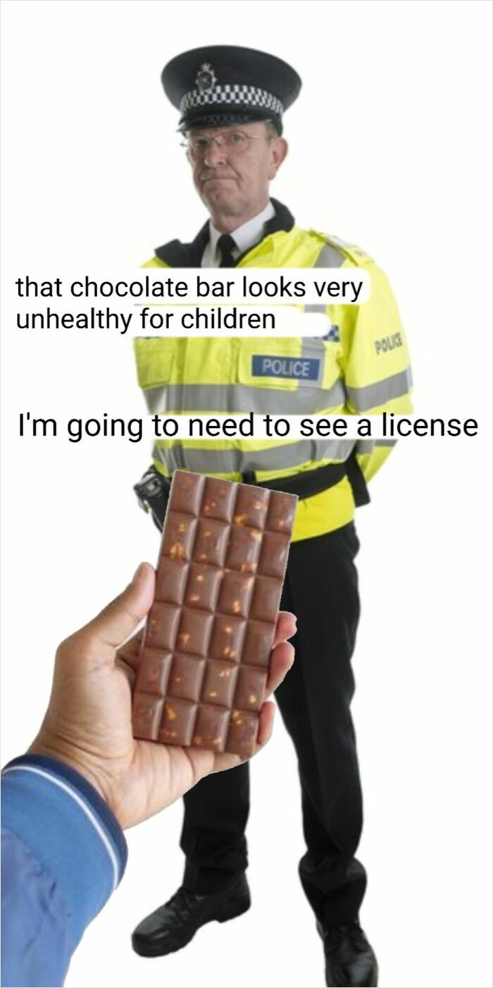 British meme with police officer joking about needing a license for an unhealthy chocolate bar held by a person’s hand