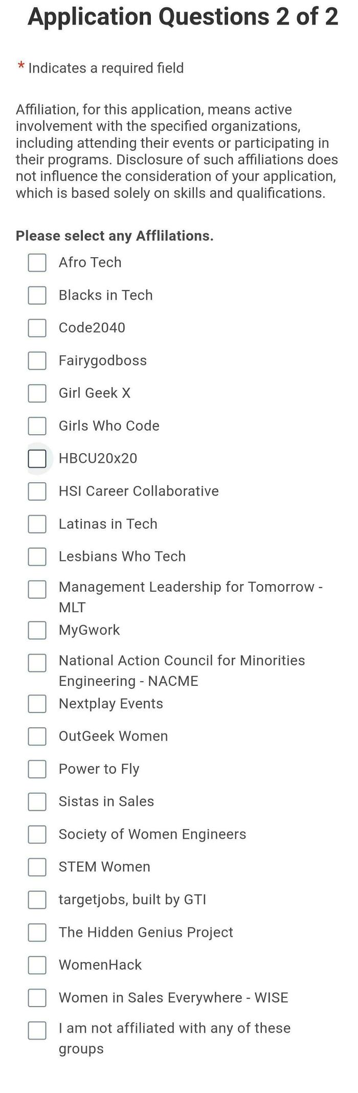 Job application form listing affiliations with various tech and diversity groups for outrageous job requirements.