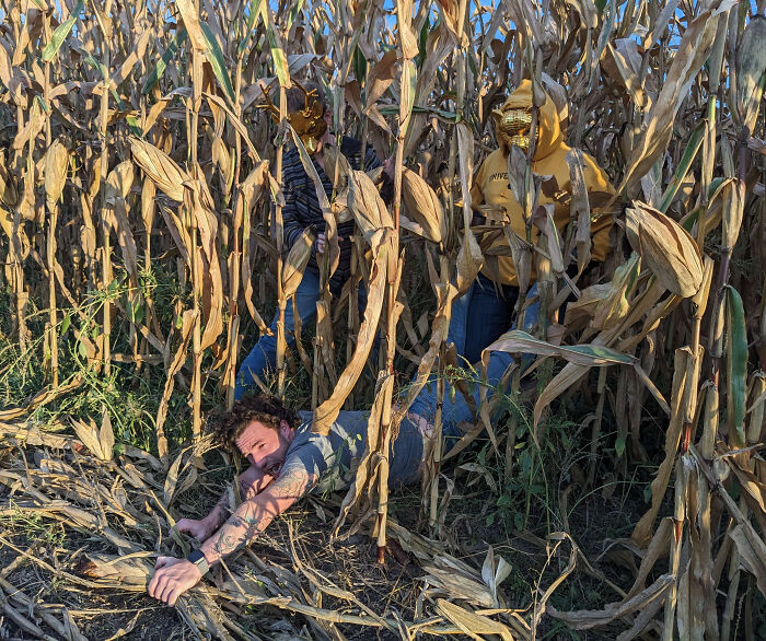 Three people in a cornfield with one person crawling on the ground, capturing funny and unexpected vacation pics.