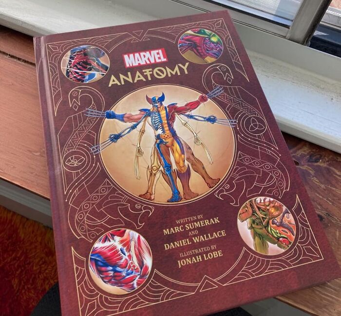 Marvel Anatomy book on a windowsill featuring fun and functional comic-style anatomical illustrations.