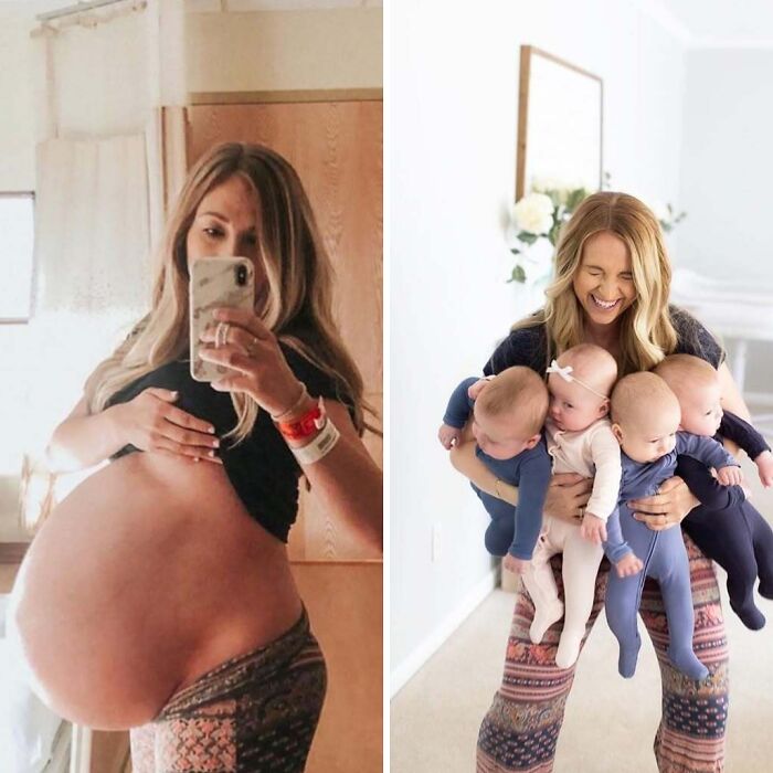 Mujer embarazada mostrando rasgos distintivos del cuerpo humano y madre sosteniendo a cuatro bebés en sala iluminada.