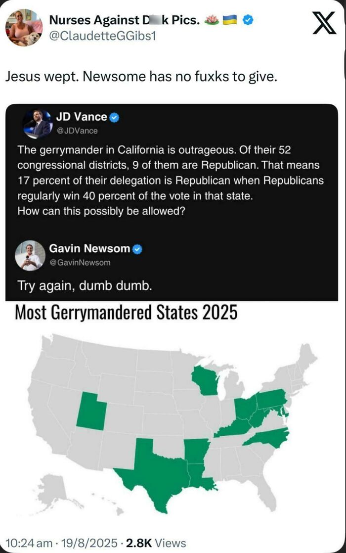 Screenshot of tweets discussing California gerrymandering with a map highlighting most gerrymandered states in 2025.