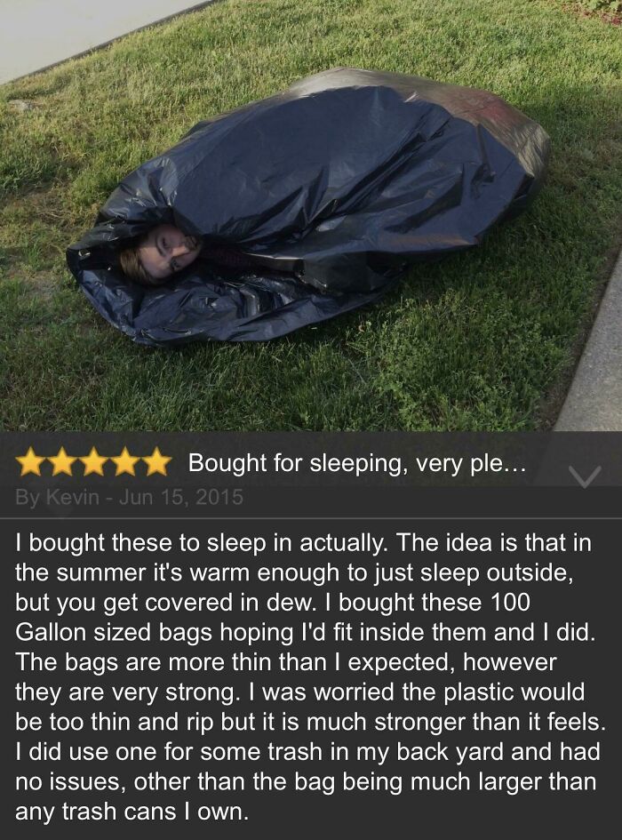 Person wrapped in a large black trash bag lying on grass, illustrating humor in product and service reviews.