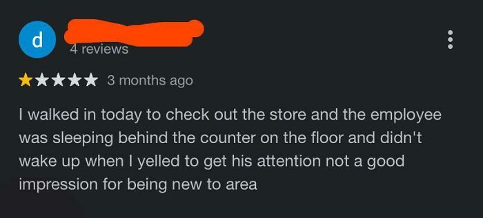 Screenshot of a humorous product and service review describing an employee sleeping behind the counter.