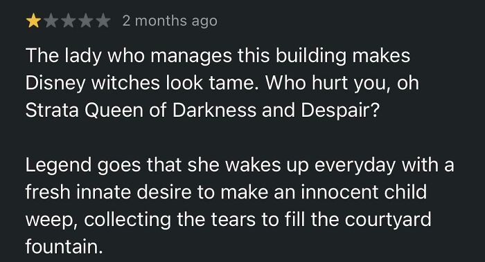 One-star product review showing an immaculate sense of humor about a building manager's harsh personality.