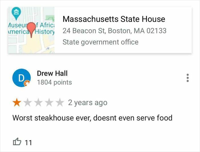 Screenshot of a humorous product review stating worst steakhouse ever because it doesn’t serve food in service reviews.