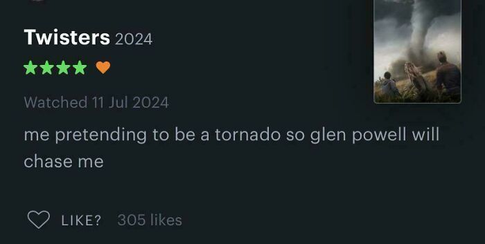 Review showing immaculate sense of humor with a witty comment about pretending to be a tornado on a product page.