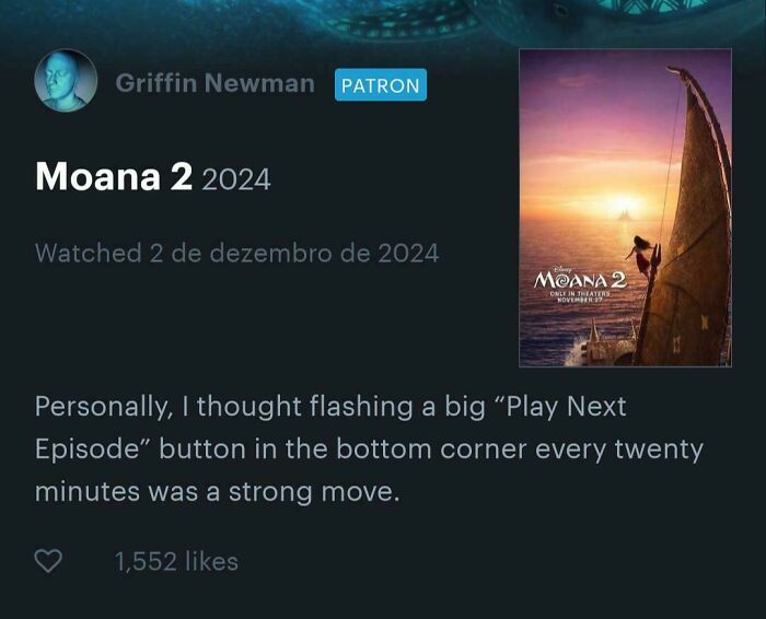 User review showing an immaculate sense of humor about a movie streaming feature in product and service reviews.