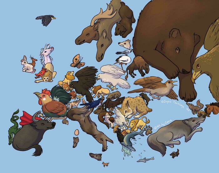 Illustrated map of the world showing animals representing different parts of the world in colorful informative charts.