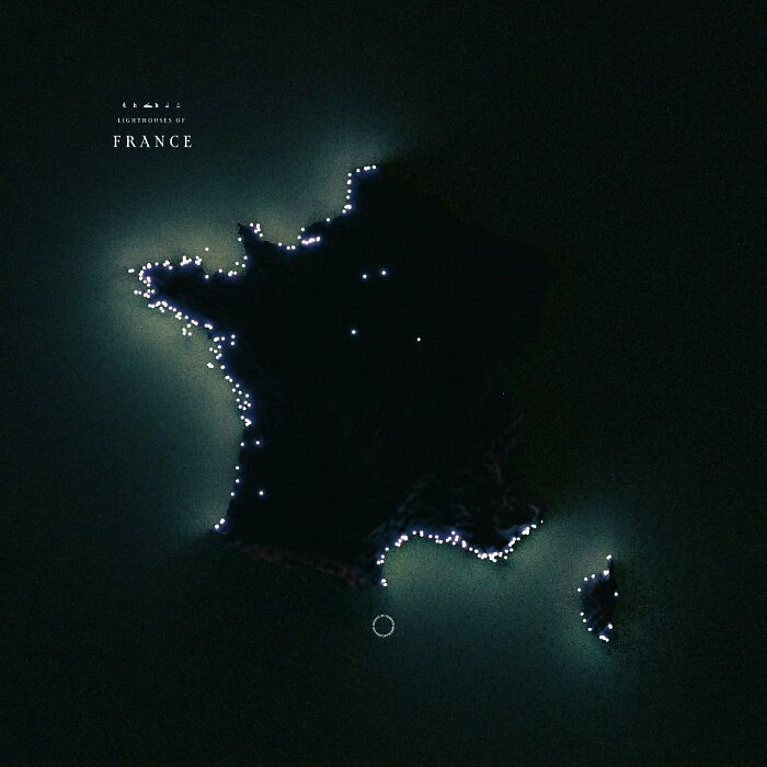 Map of France at night showing locations of lighthouses illuminated as part of informative charts about parts of the world.