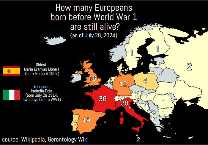 Map showing how many Europeans born before World War 1 are still alive, with data by country in an informative parts of the world chart.