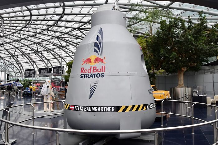 Capsule used by Felix Baumgartner in the record-breaking invention for speed in the Red Bull Stratos project displayed indoors.