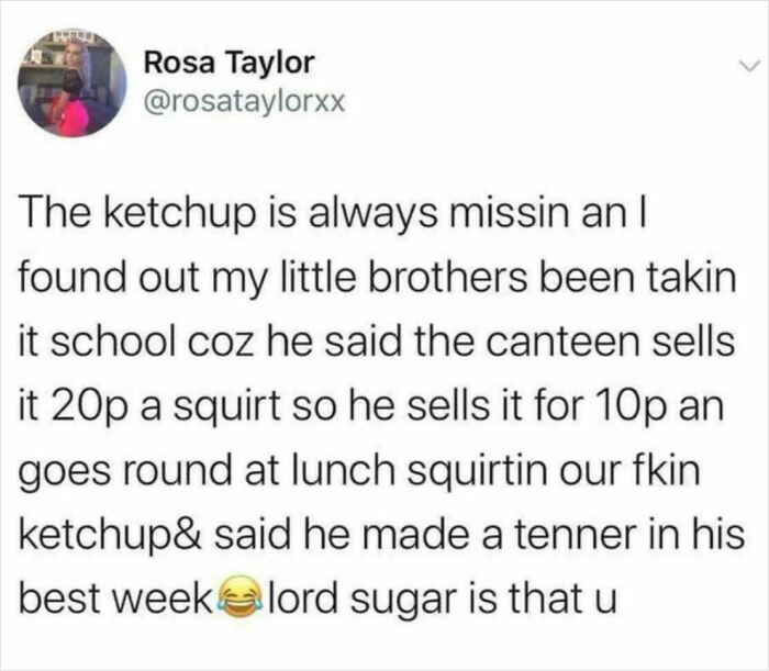 British meme about a school lunch ketchup squirt scheme making money, showcasing chaotic British humor.