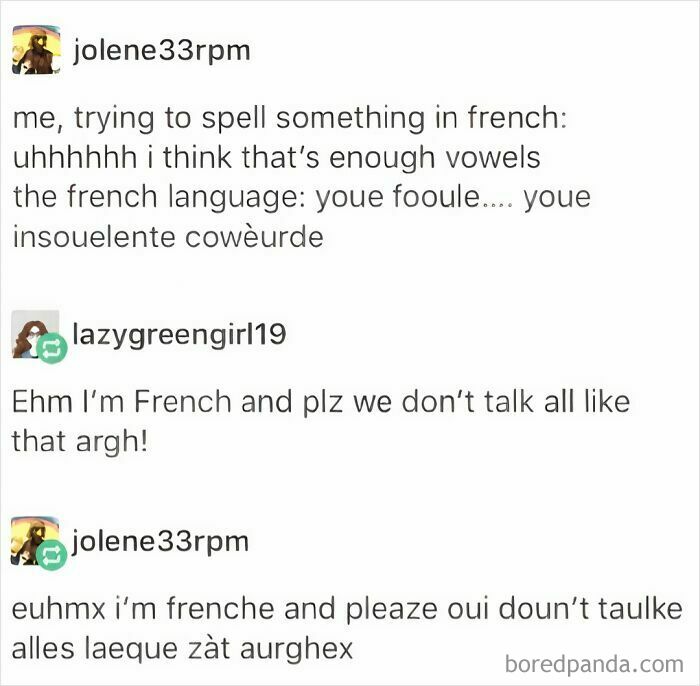 Humorous text exchange about struggling with French spelling, featured in science memes for non-science people to enjoy.