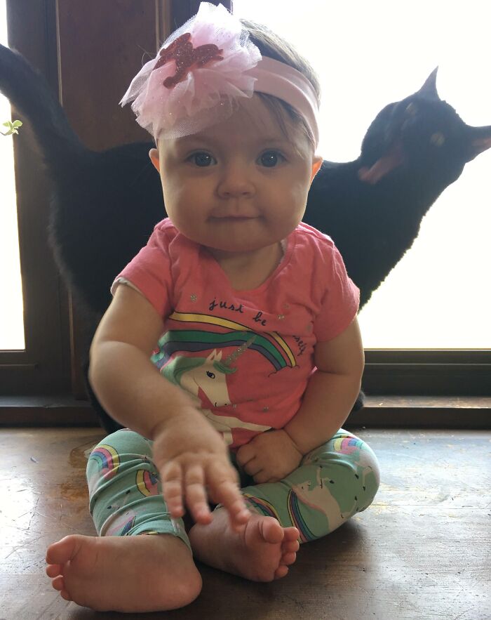 Baby sitting in front of a window with a black cat photobombing, capturing a funny pets crashed photo moment.