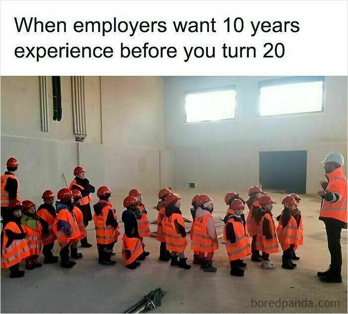 Children wearing construction helmets and orange vests lined up inside a building, illustrating relatable memes about job experience demands.