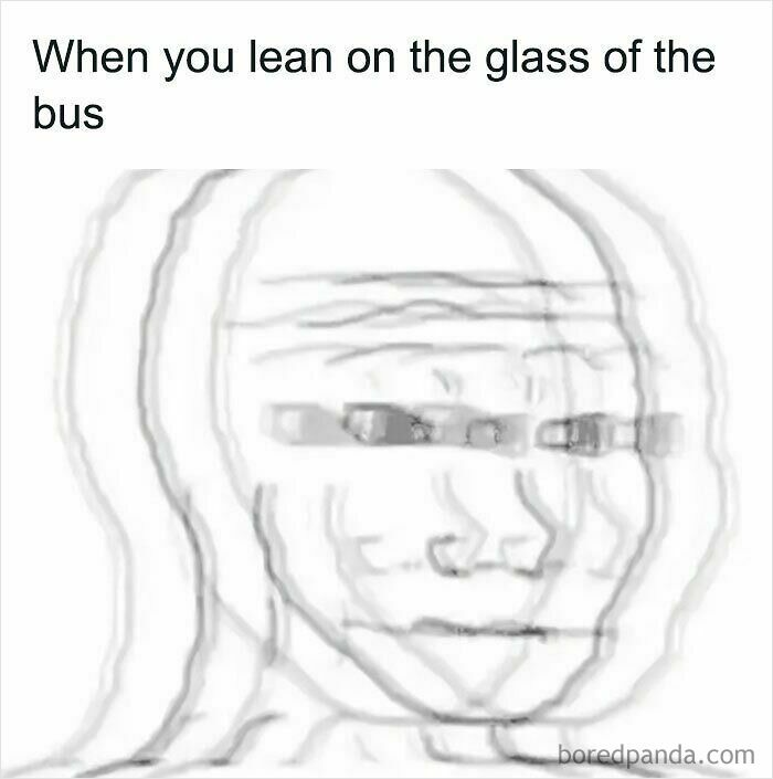 Blurred distorted face meme illustrating feeling dizzy when leaning on the glass of the bus, relatable memes humor concept.