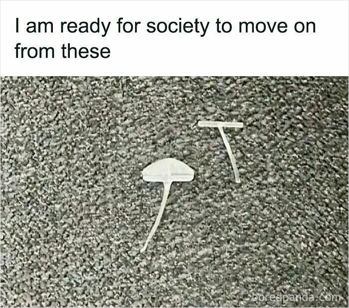 Two plastic razor heads on a textured surface with text expressing readiness for society to move on from these relatable memes.