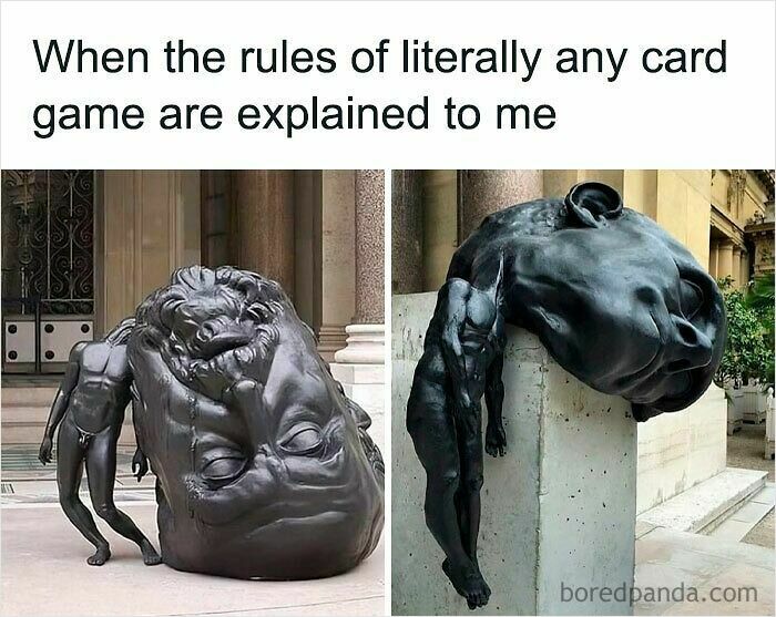Sculptures of people struggling with large animal heads, illustrating hilariously relatable memes about feeling overwhelmed.