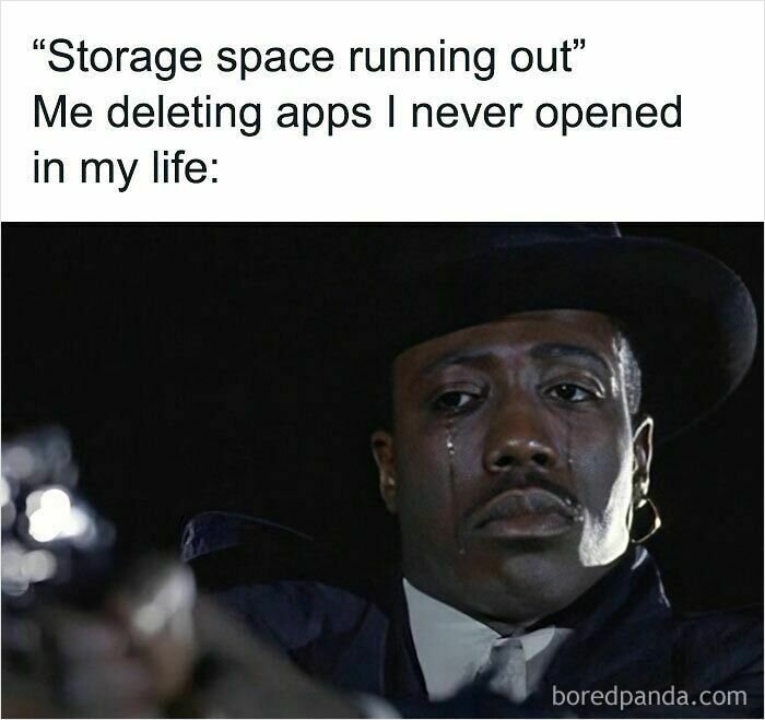 Man with a tear on his face humorously illustrating relatable memes about deleting unused apps due to storage space running out.