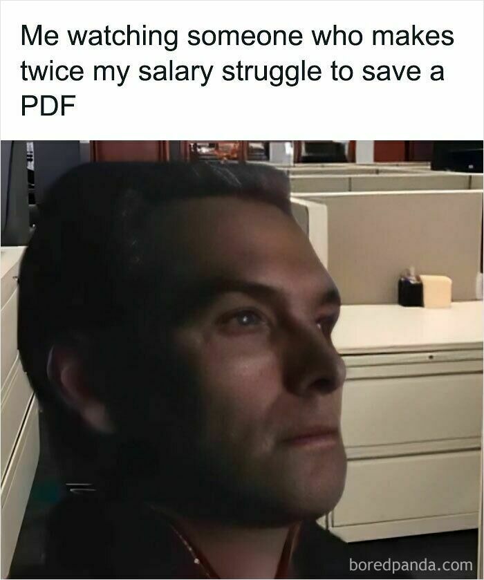 Man staring blankly in an office cubicle, relatable meme about struggling with simple tasks and feeling called out.