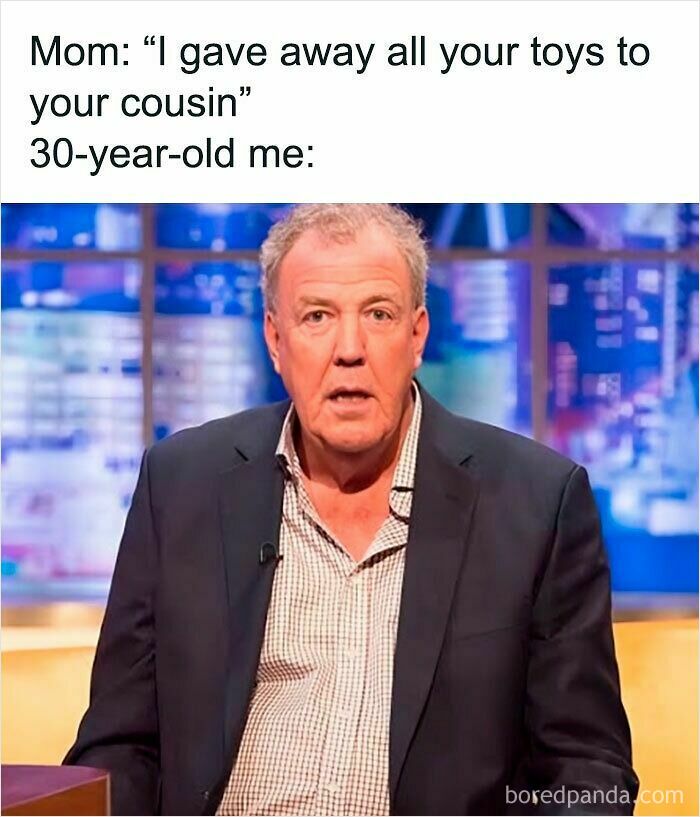 Man in suit with shocked expression reacting to relatable memes about childhood and adulthood struggles.