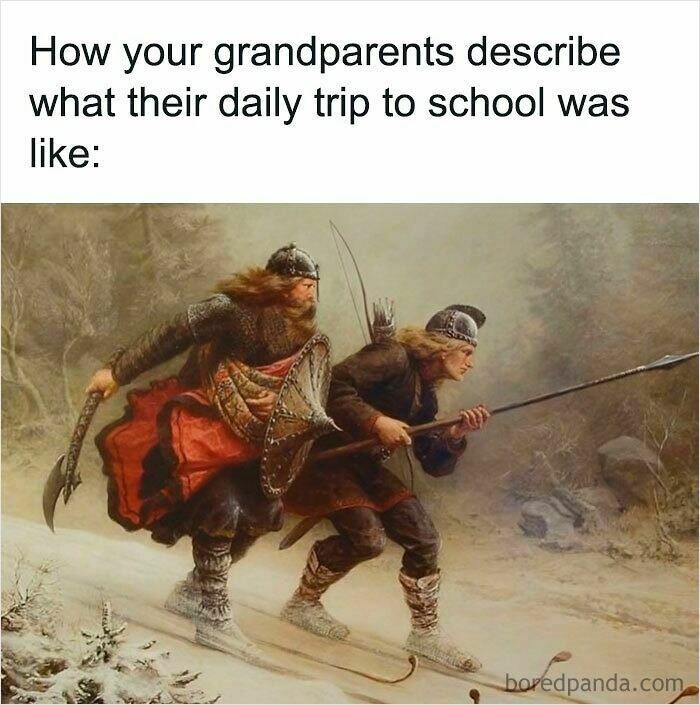 Two Vikings in winter gear depicted as a humorous analogy for grandparents describing their difficult daily trip to school.
