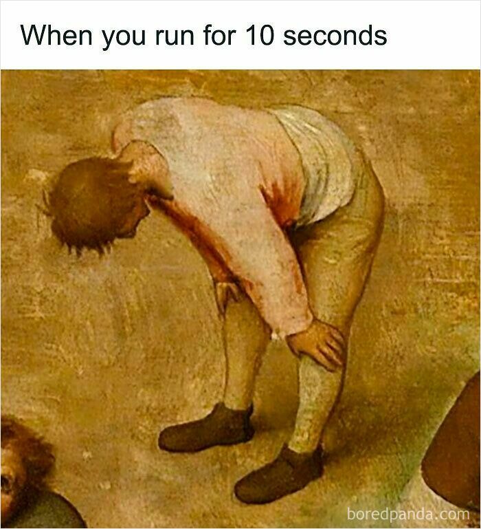 Man bent over catching his breath after running, a relatable meme about feeling out of shape and tired quickly.