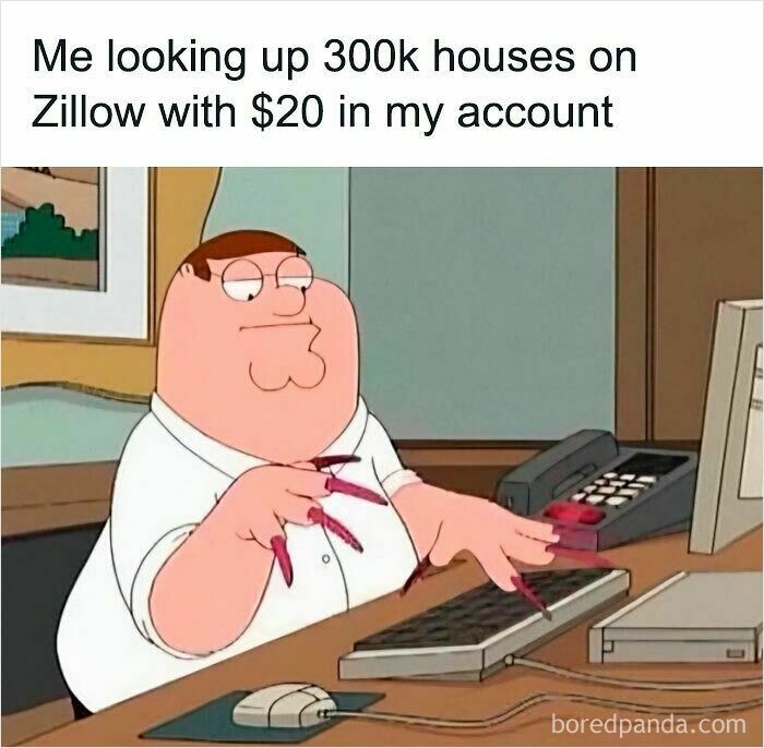 Cartoon character typing with long nails, humorously illustrating relatable meme about unrealistic house hunting and finances.