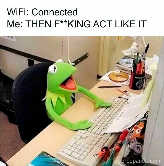 Kermit the Frog at a computer with text about WiFi connection, in a humorously relatable meme.