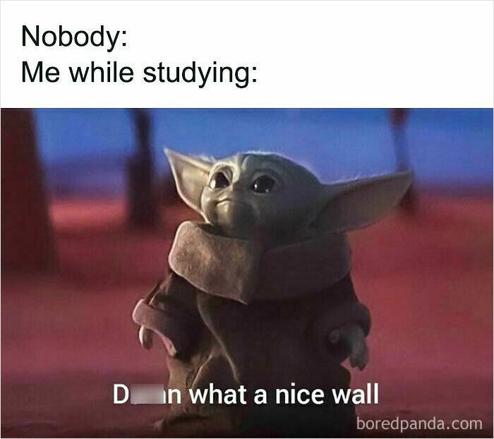 Baby Yoda meme with text about distraction while studying, a relatable meme for those feeling called out online.