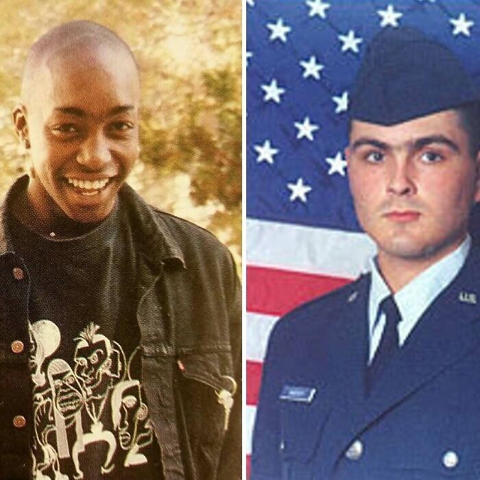 Split image showing common folk making a huge mark in society; one smiling casually, the other in a military uniform.