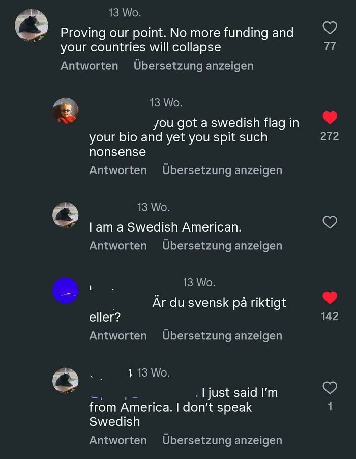 Comments thread showing humorous confusion about being a Swedish American, exemplifying dumbest things Americans posted.