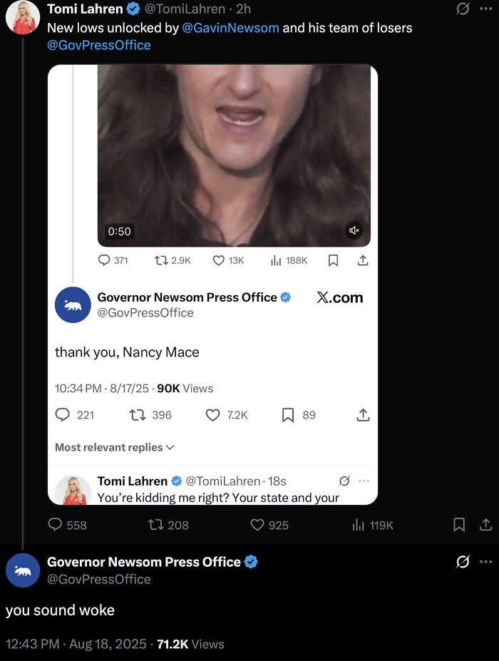 Tweet exchange screenshot showing bold tweets that hit a nerve with political comments and reactions online.