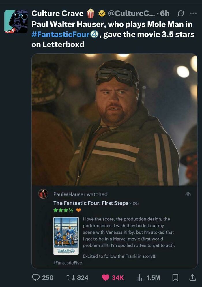 Screenshot of a tweet about confusing bad movie details from an online group, featuring Fantastic Four review and actor Paul Walter Hauser.