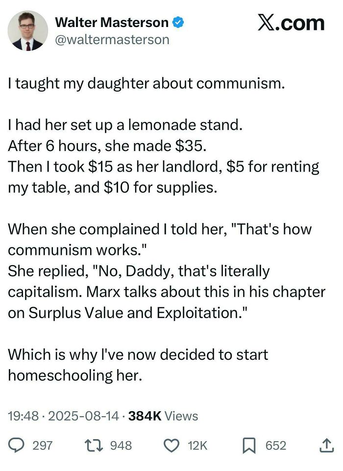 Tweet about teaching daughter economics through a lemonade stand explaining capitalism and communism concepts.