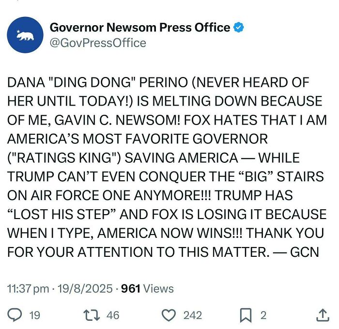 Bold tweet from Governor Newsom's press office humorously criticizing Fox and Trump, sparking strong reactions online.