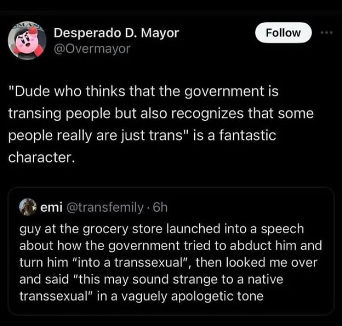 Screenshot of a tweet discussing unique sentences people said about government and trans topics in funny contexts.
