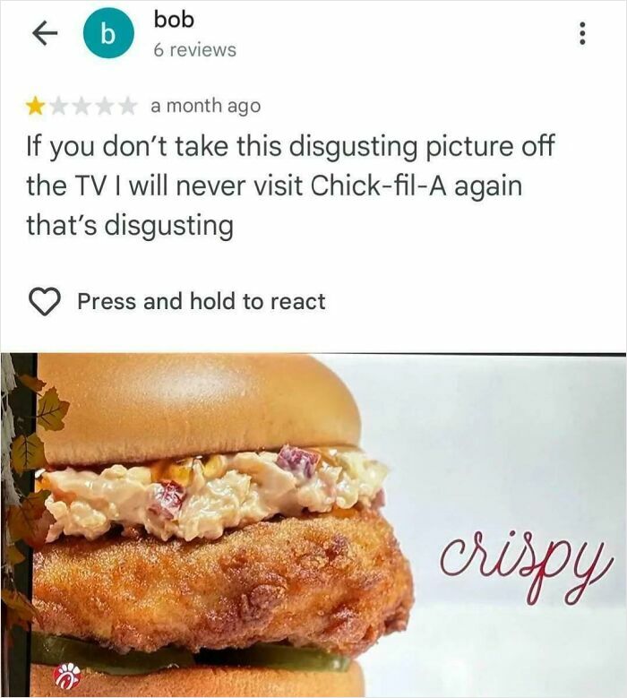 Customer humorously threatens to boycott Chick-fil-A over a "disgusting" picture in a funny product review.