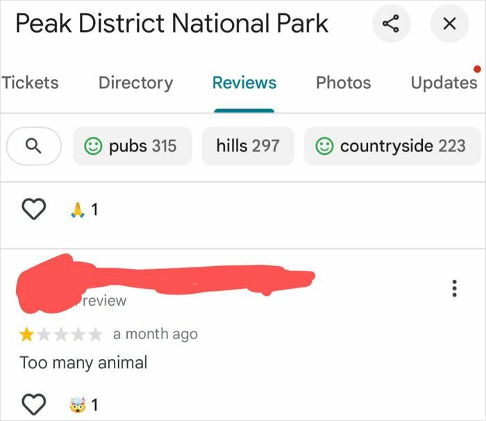 Screenshot of a humorous product review showing a one-star rating and the comment too many animal.