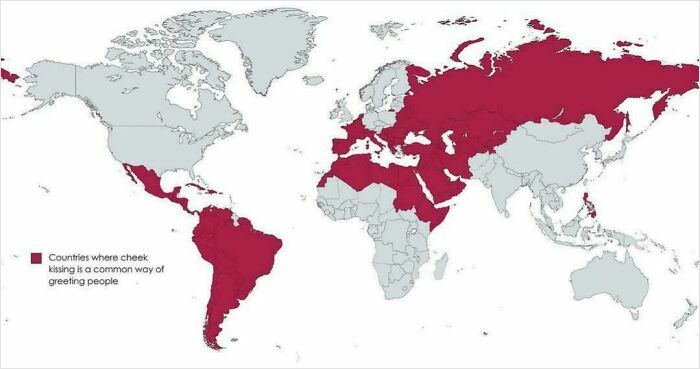World map chart highlighting countries where cheek kissing is a common greeting, showing cultural parts of the world.