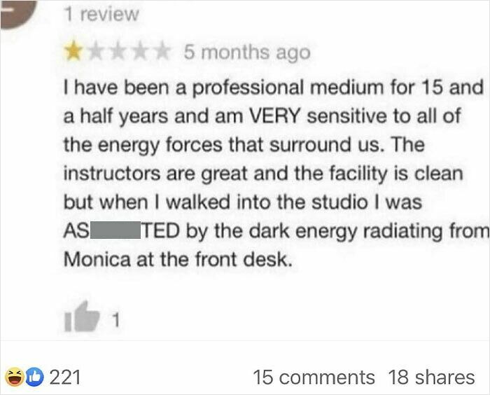 Funny product and service review by a professional medium describing the dark energy at the front desk.
