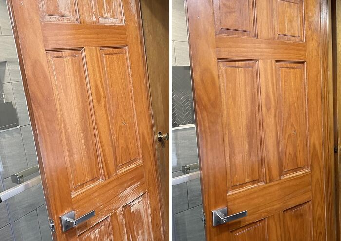 Wooden bathroom door before and after restoration showing low-lift, high-impact improvements for an upgraded look.