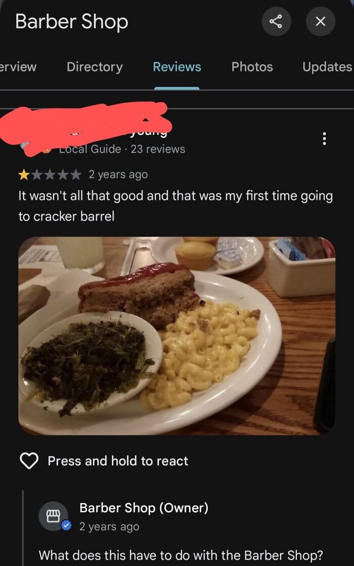 Humorous product and service review showing confusion with food photo on a Barber Shop review page.