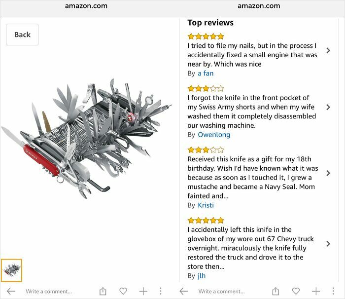 Swiss Army knife with multiple tools extended, featured in humorous product and service reviews showing immaculate sense of humor.
