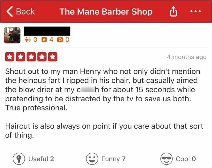 Humorous product and service review praising a barber's professionalism and great haircut with witty comments.